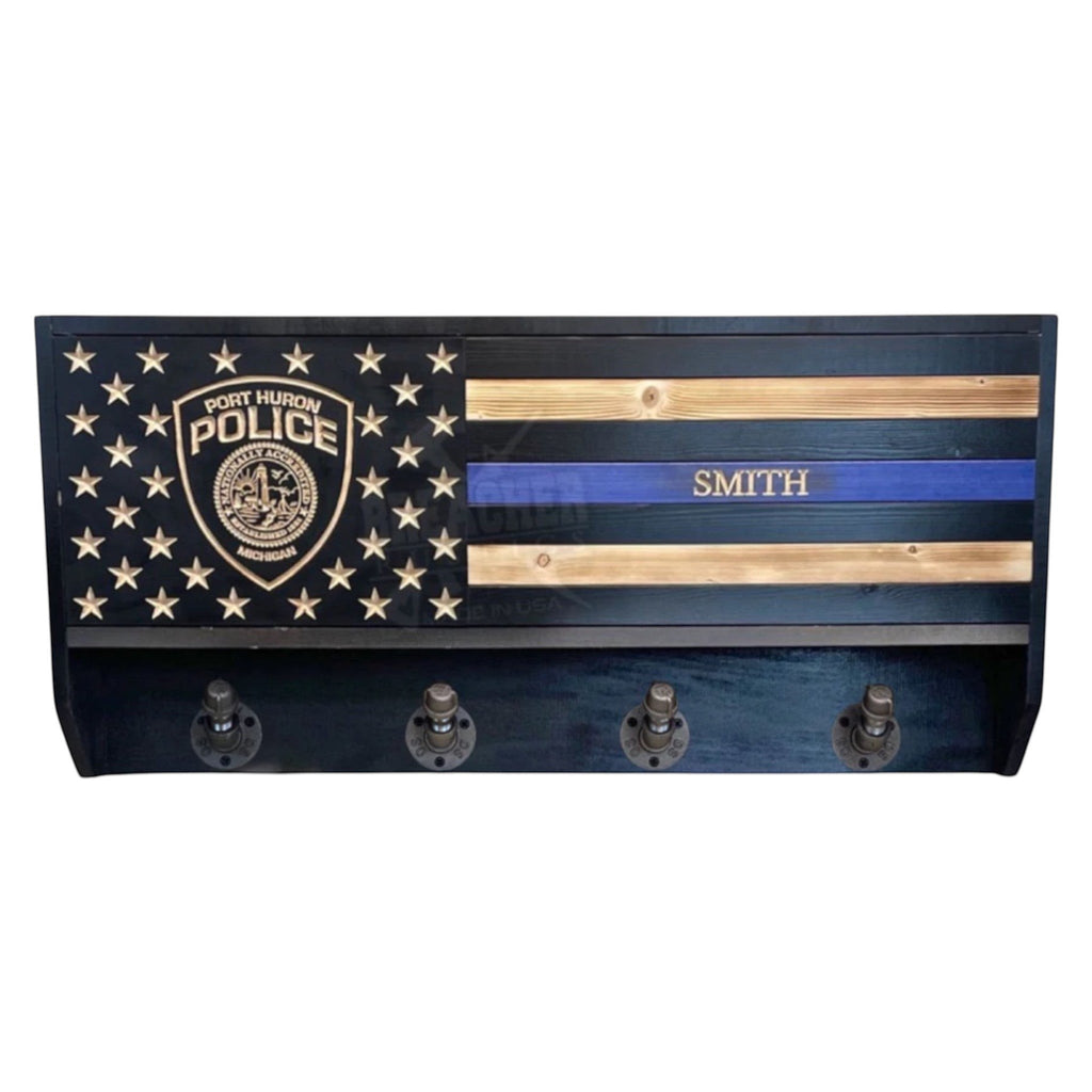 Breacher Rustics Thin Blue Line concealment gear rack with patch or badge and personalized name.