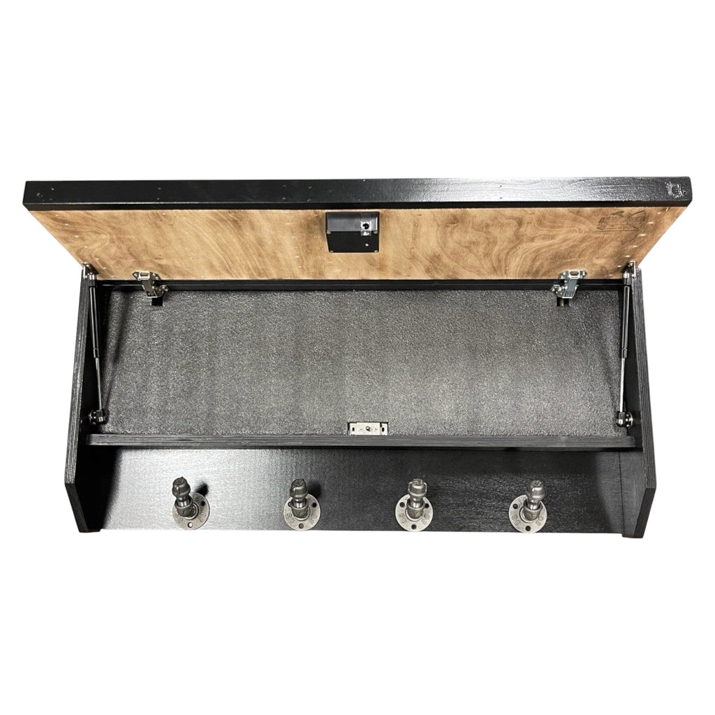Breacher Rustics Thin Blue Line concealment gear rack with RFID lock and 4 industrial-style hooks. Black wood with natural wood interior.