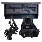 Breacher Rustics Thin Blue Line concealment gear rack with rifle, tactical vest, and holster. Wood construction with RFID lock.