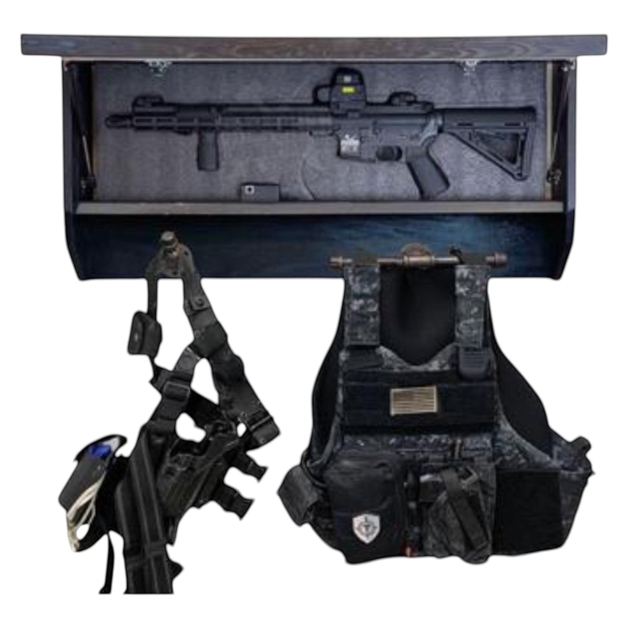 Breacher Rustics Thin Blue Line concealment gear rack with rifle, tactical vest, and holster. Wood construction with RFID lock.