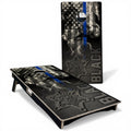 Breacher Rustics Thin Blue Line cornhole set featuring a distressed American flag, smoke, and sheriff badge. Customizable with logo/name. thin blue line cornhole set with custom logo and name handmade wooden patriotic law enforcement backyard bean bag toss game boards