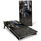 Breacher Rustics Thin Blue Line cornhole set featuring a distressed American flag, smoke, and sheriff badge. Customizable with logo/name. thin blue line cornhole set with custom logo and name handmade wooden patriotic law enforcement backyard bean bag toss game boards