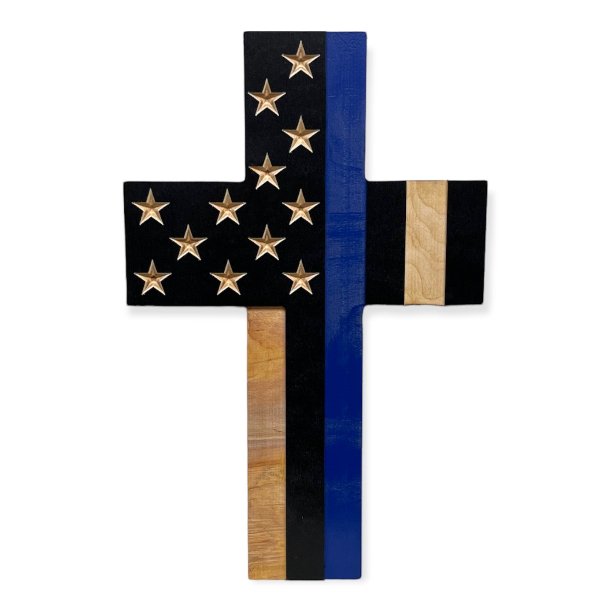 Breacher Rustics Thin Blue Line wooden cross with carved stars and stripes, 15"x10.5". thin blue line cross wooden wall art police tribute christian cross patriotic decor law enforcement support usa made