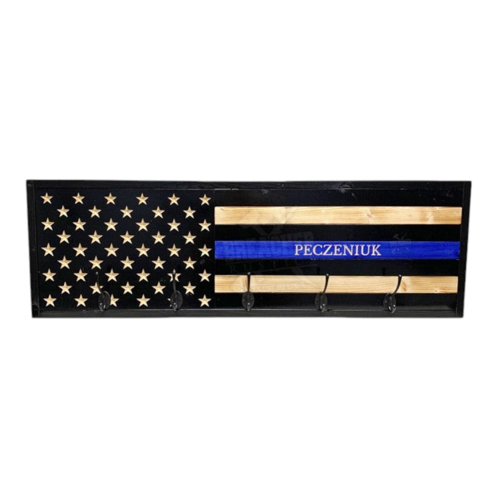 Breacher Rustics Thin Blue Line American flag wooden coat rack with 5 hooks and personalized name. thin blue line police coat rack wooden wall mounted hook rack law enforcement tribute entryway organizer usa made firefighter police gift decor