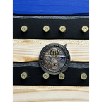 Breacher Rustics Thin Blue Line flag with 9mm casings holding a challenge coin. Wood flag with blue stripe and engraved details.
