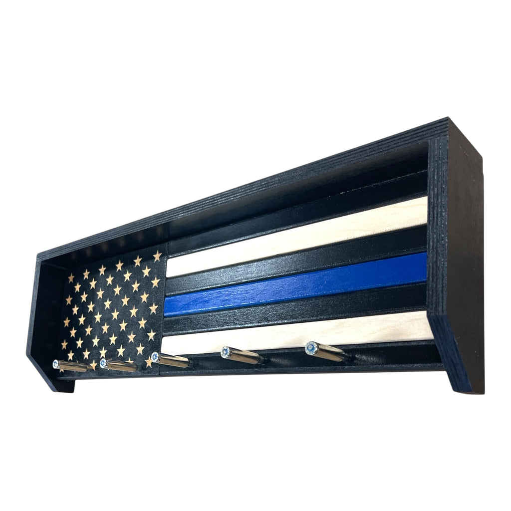 Breacher Rustics Thin Blue Line Flag key rack with black hooks, wood construction, stars and stripes design. handmade thin blue line wood key rack usa made patriotic wall organizer for keys police support decor