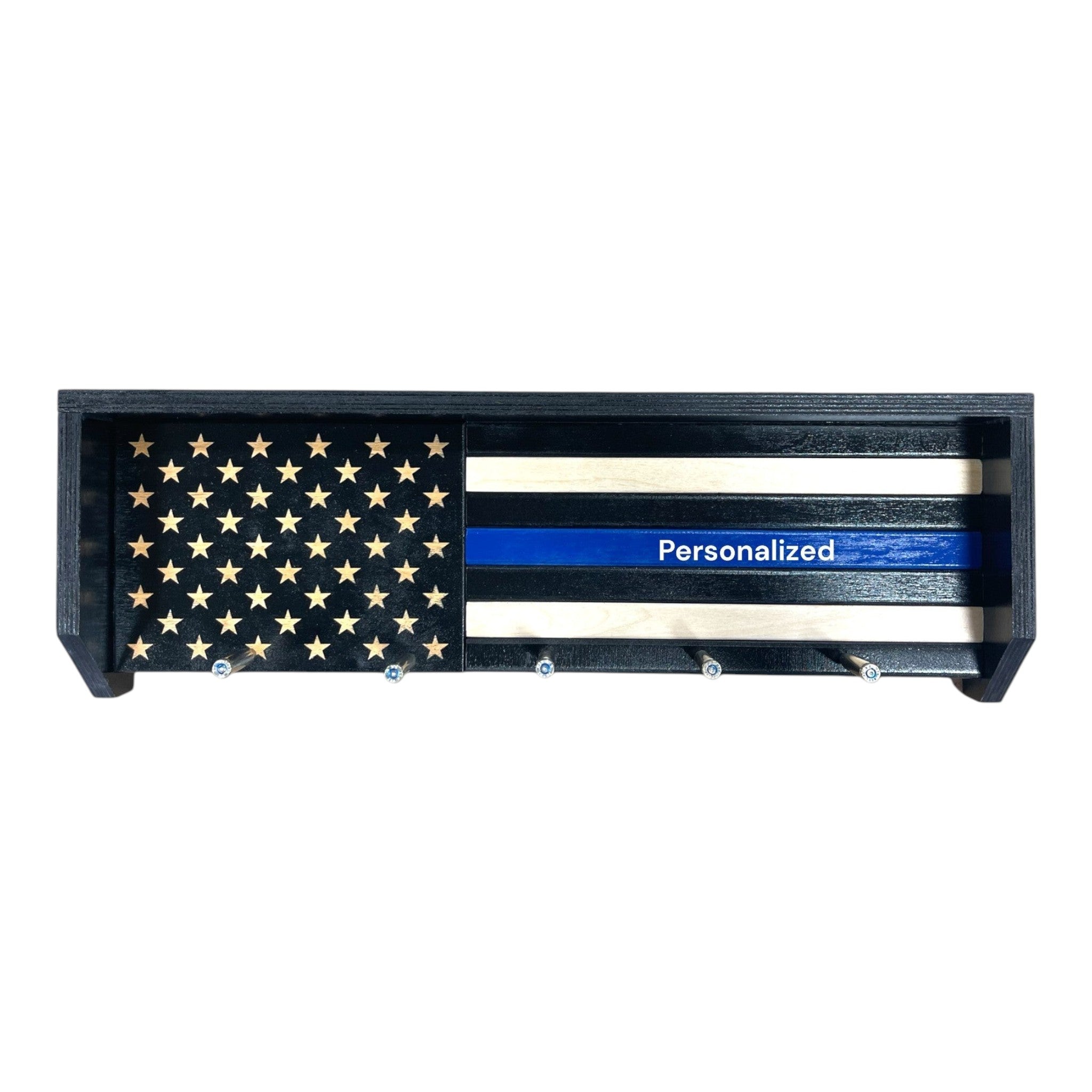 Breacher Rustics Thin Blue Line Flag key rack with black hooks and personalized text. Wood construction. handmade thin blue line wood key rack usa made patriotic wall organizer for keys police support decor