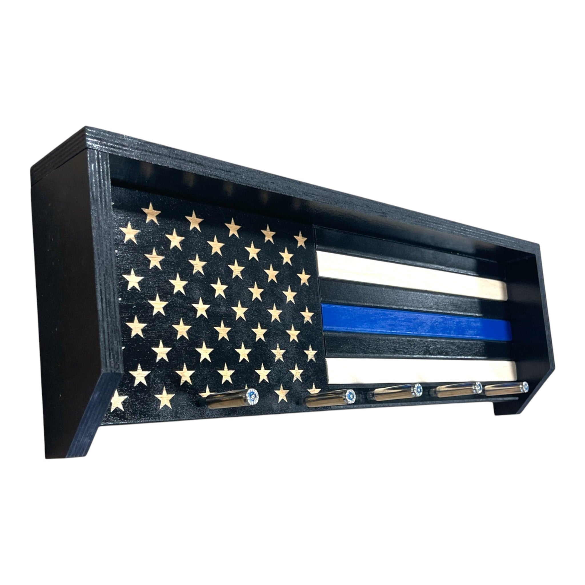 Breacher Rustics Thin Blue Line flag key rack with black hooks and stars. Made of wood. handmade thin blue line wood key rack usa made patriotic wall organizer for keys police support decor
