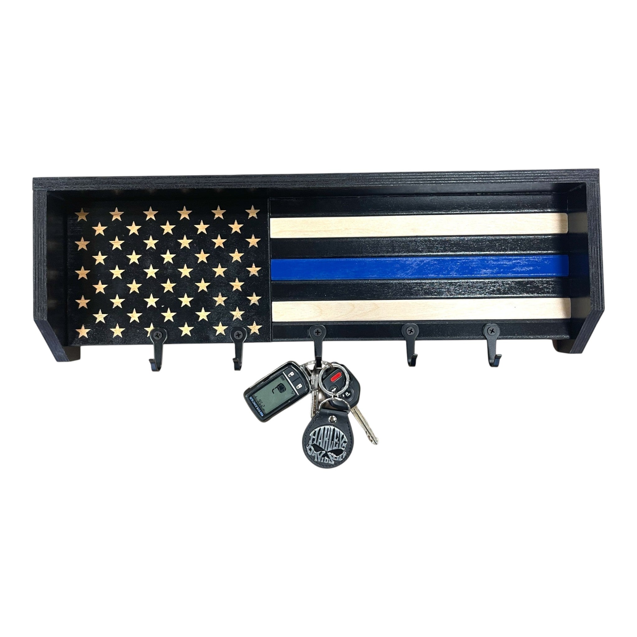 Breacher Rustics Thin Blue Line Flag key rack with black hooks and wooden stars. handmade thin blue line wood key rack usa made patriotic wall organizer for keys police support decor