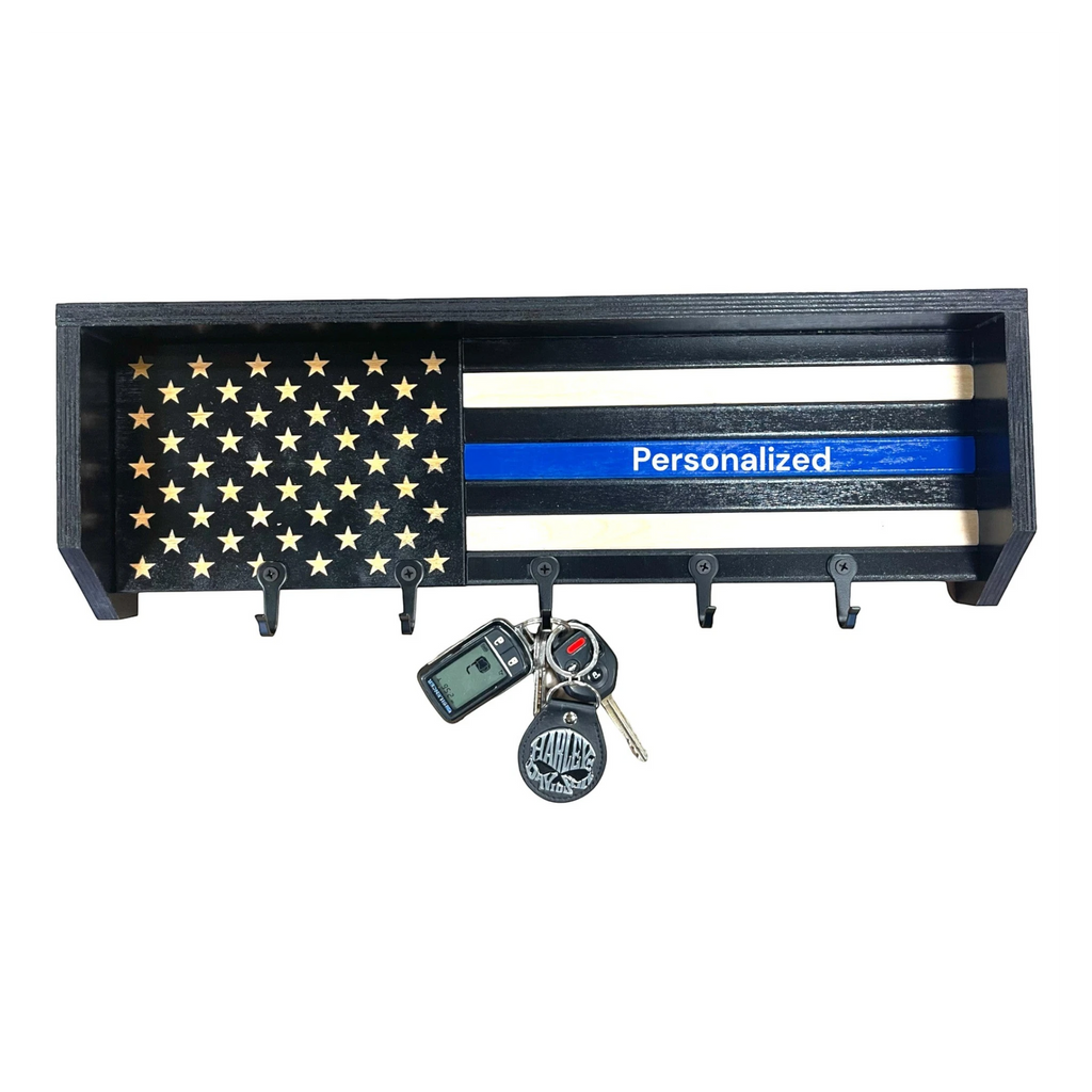 Breacher Rustics Thin Blue Line Flag key rack with black hooks, personalized blue stripe, and stars. thin blue line american flag key rack wooden wall organizer for keys patriotic law enforcement decor