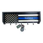 Breacher Rustics Thin Blue Line Flag key rack with black hooks, personalized blue stripe, and stars. thin blue line american flag key rack wooden wall organizer for keys patriotic law enforcement decor