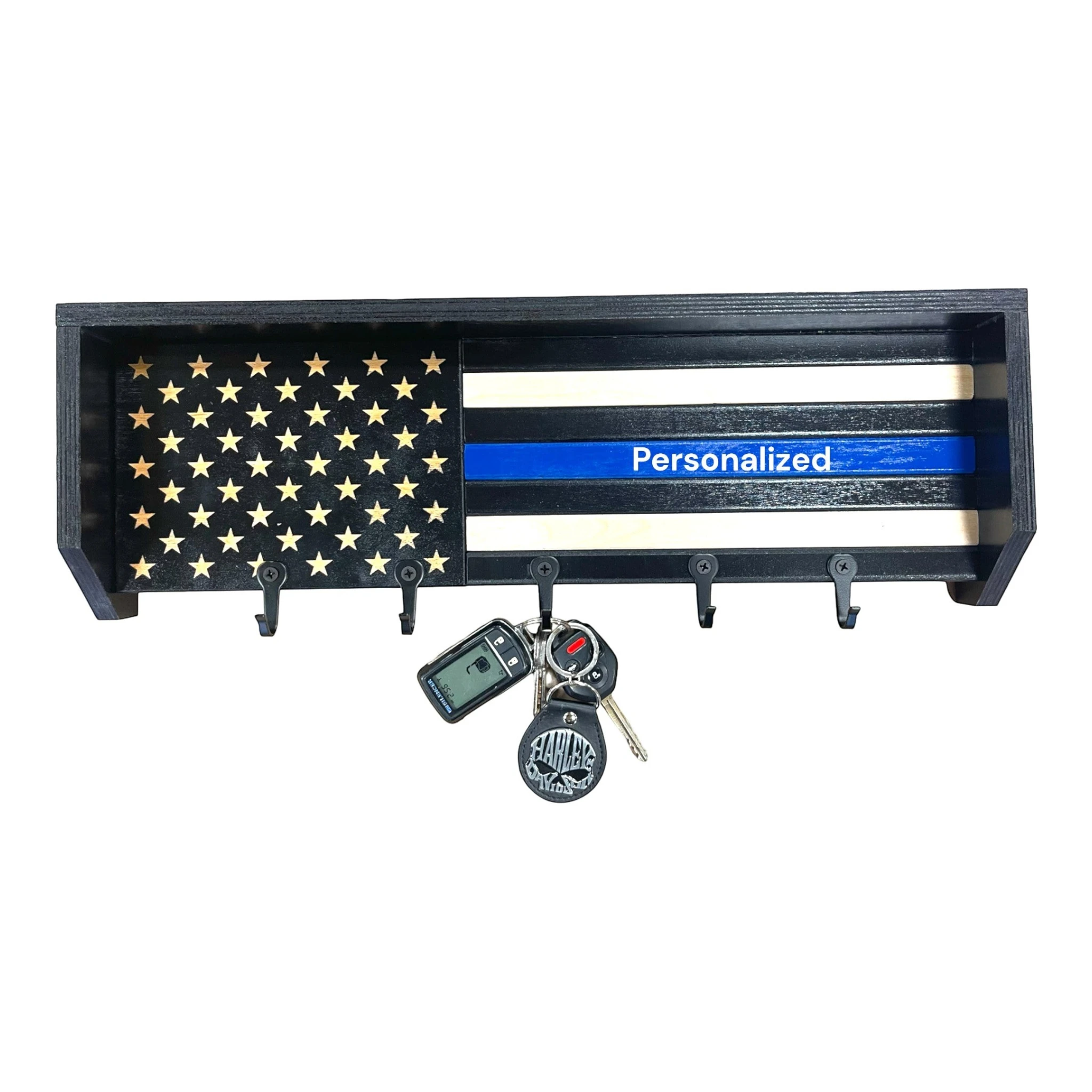 Breacher Rustics Thin Blue Line Flag key rack with black hooks, personalized blue stripe, and stars. thin blue line american flag key rack wooden wall organizer for keys patriotic law enforcement decor