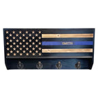 Breacher Rustics Thin Blue Line wooden gear rack with American flag design and personalized name.