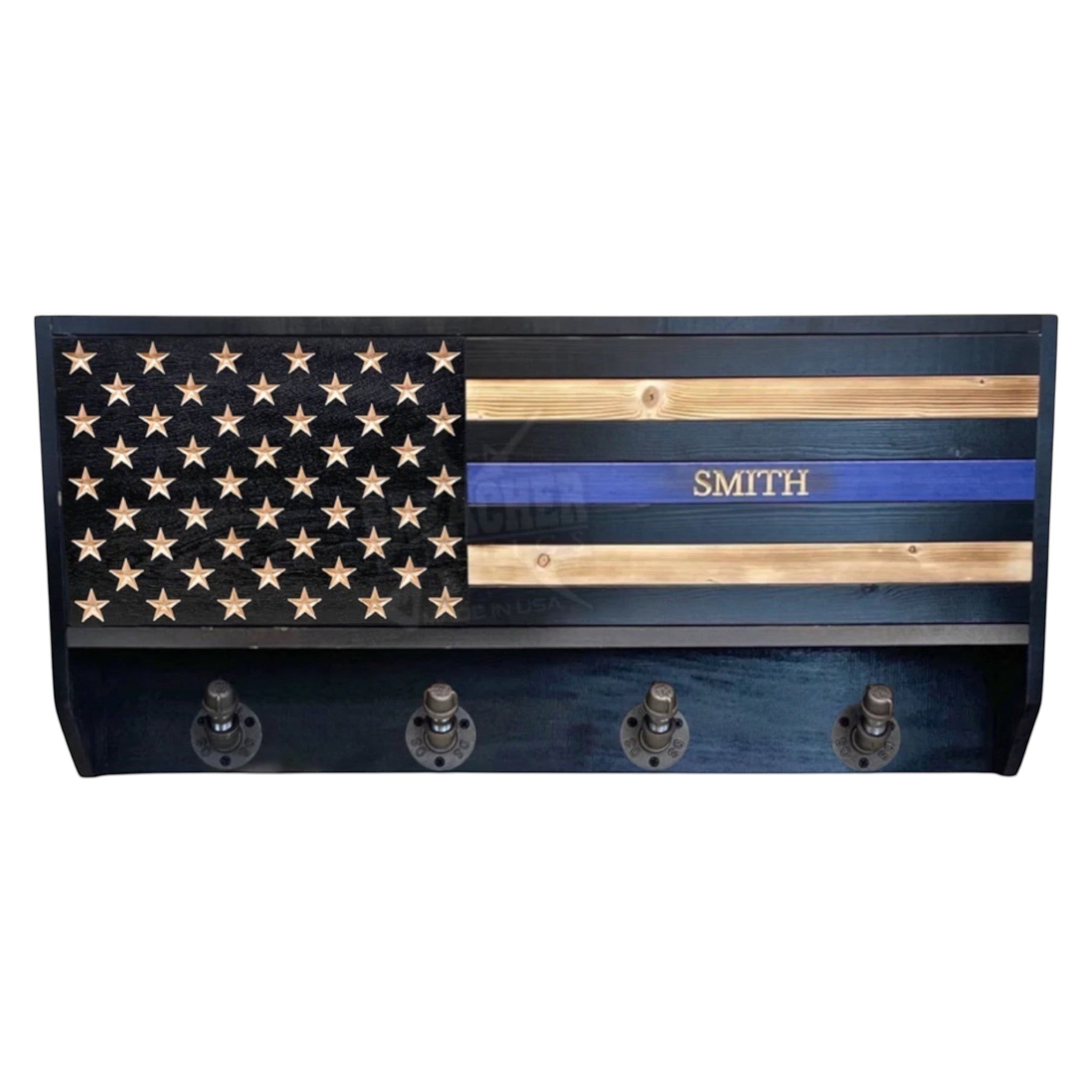 Breacher Rustics Thin Blue Line wooden gear rack with American flag design and personalized name.