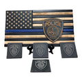 Breacher Rustics thin blue line wooden flag with custom police crest badge patch and four slate coasters. Made in USA. custom thin blue line desktop wood flag and coaster package law enforcement gift set handmade usa made police tribute display
