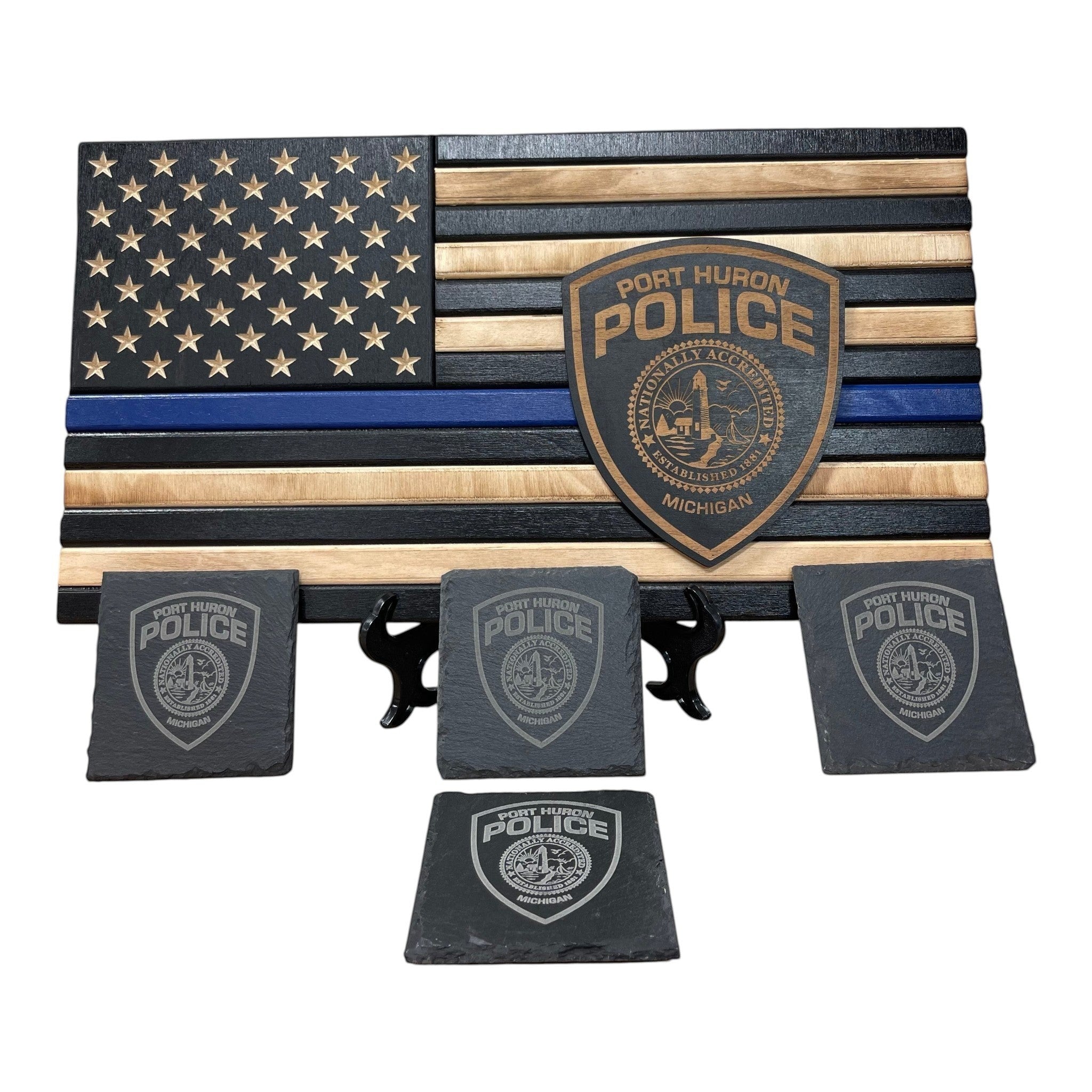 Breacher Rustics thin blue line wooden flag with custom police crest badge patch and four slate coasters. Made in USA. custom thin blue line desktop wood flag and coaster package law enforcement gift set handmade usa made police tribute display