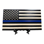 Breacher Rustics Thin Blue Line desktop wood flag with black and natural wood stripes and carved stars. thin blue line desktop wood flag handmade law enforcement desk display patriotic police tribute usa made wooden flag decor