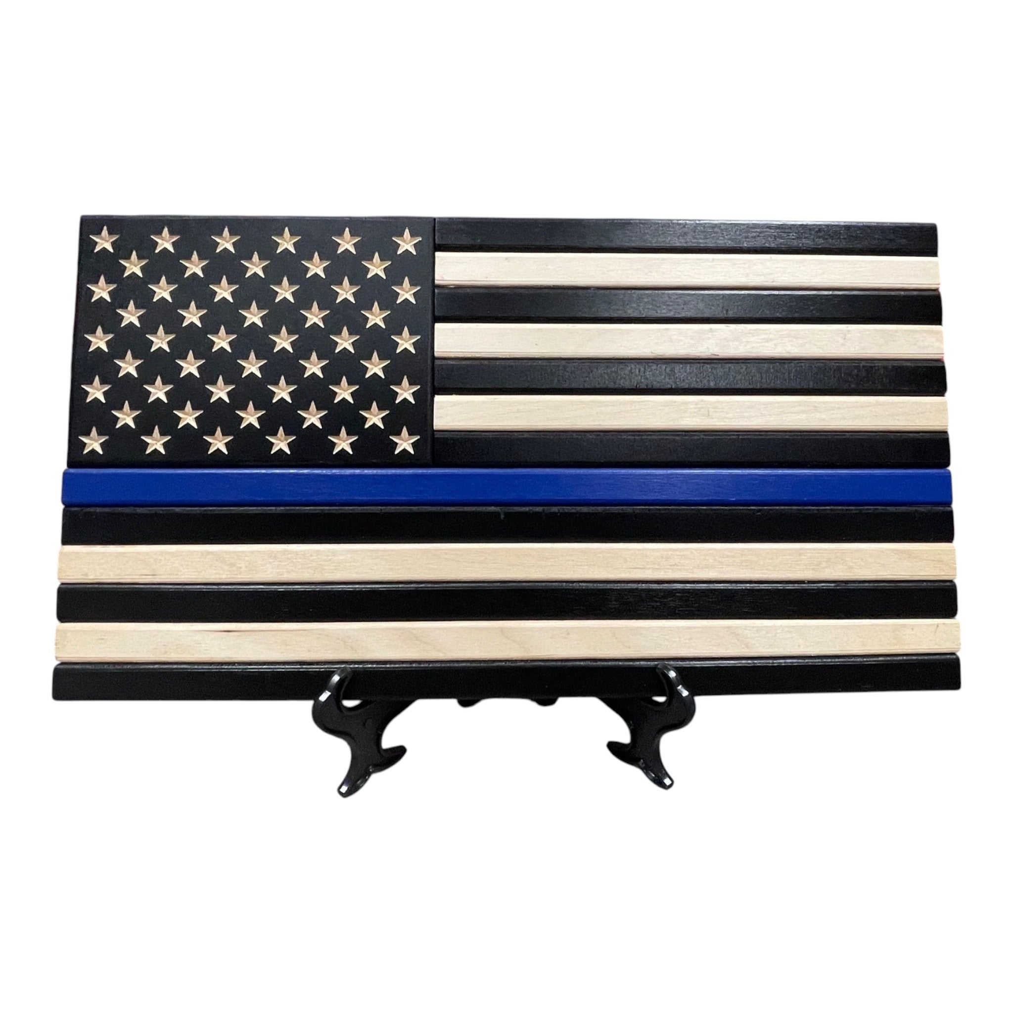 Breacher Rustics Thin Blue Line desktop wood flag with black and natural wood stripes and carved stars. thin blue line desktop wood flag handmade law enforcement desk display patriotic police tribute usa made wooden flag decor
