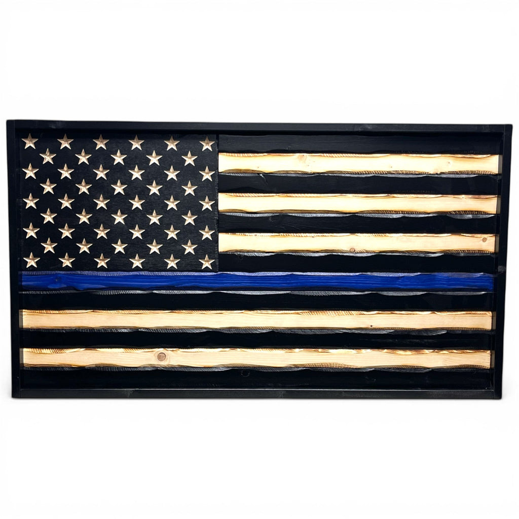 Breacher Rustics Thin Blue Line wooden American flag with carved stars and a blue stripe. Black and natural wood finish. thin blue line wooden flag handmade american flag wall art police tribute patriotic decor law enforcement support usa made police officer tribue retirement flag custom logo sheriff