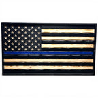 Breacher Rustics Thin Blue Line wooden American flag with carved stars and a blue stripe. Black and natural wood finish. thin blue line wooden flag handmade american flag wall art police tribute patriotic decor law enforcement support usa made police officer tribue retirement flag custom logo sheriff