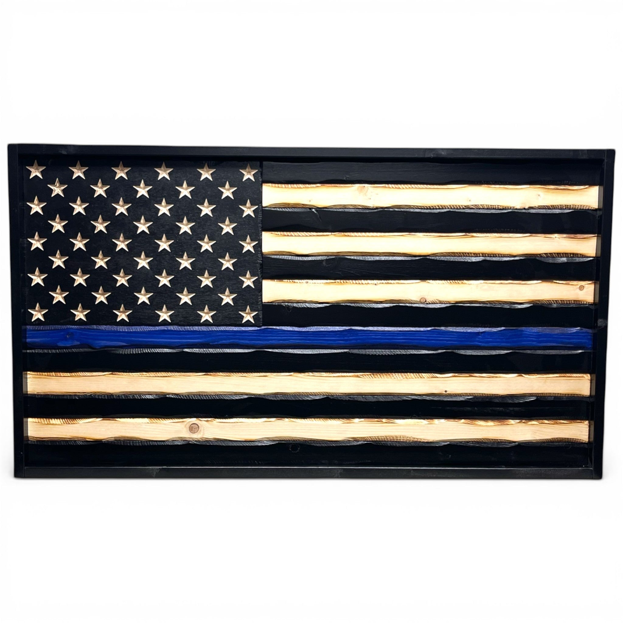 Breacher Rustics Thin Blue Line wooden American flag with carved stars and a blue stripe. Black and natural wood finish. thin blue line wooden flag handmade american flag wall art police tribute patriotic decor law enforcement support usa made police officer tribue retirement flag custom logo sheriff