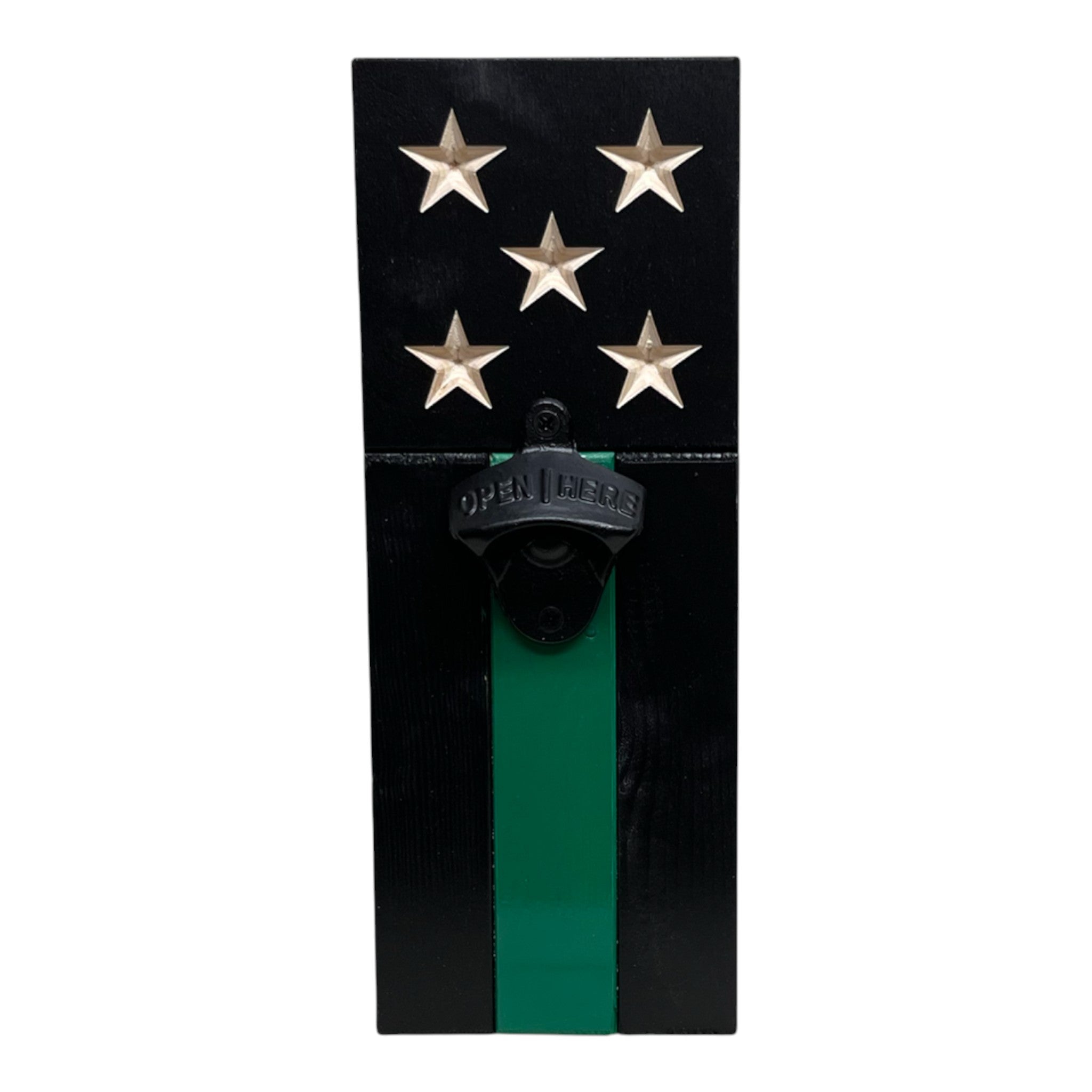 Breacher Rustics American flag bottle opener with thin green line and stars, made of wood. american flag bottle opener gift for veterans and first responders wooden wall mounted patriotic bar accessory