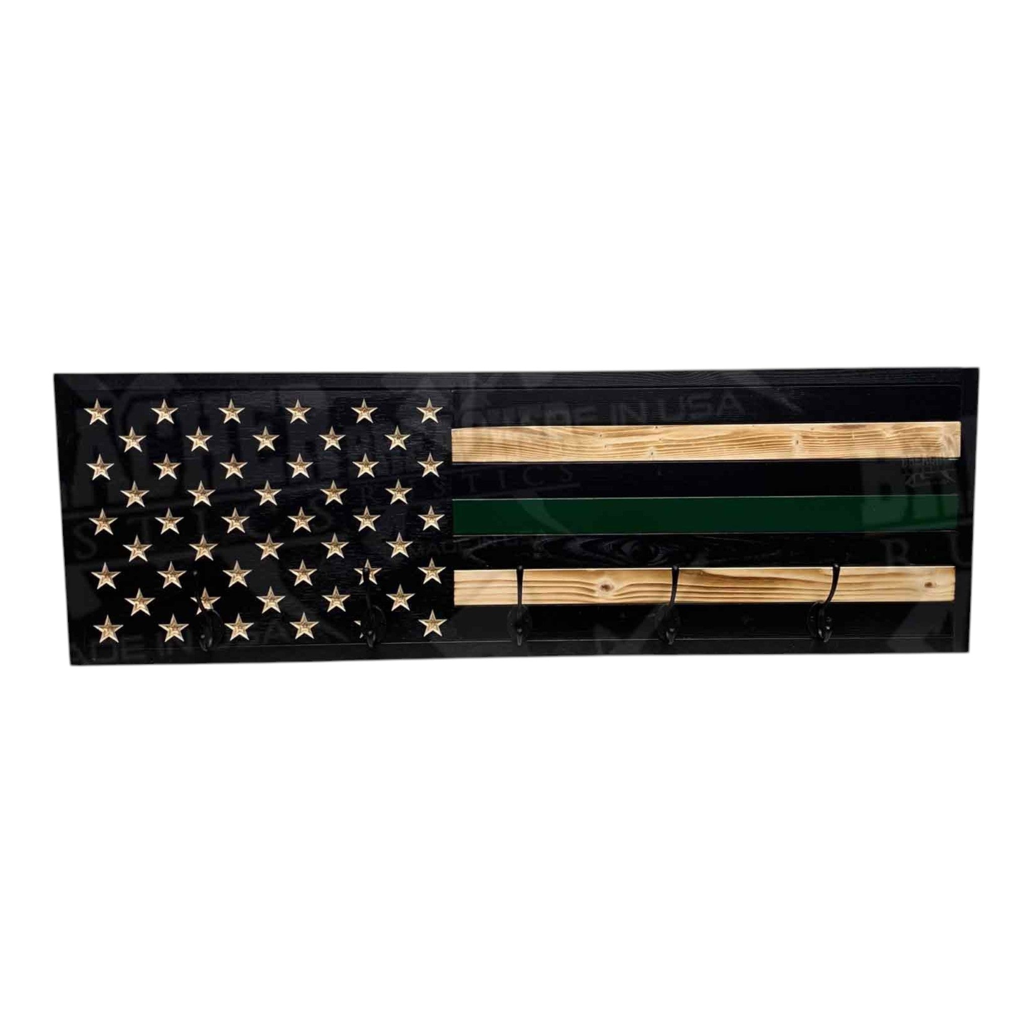 Breacher Rustics Thin Green Line Flag coat rack with 5 hooks, made of wood with carved stars and green stripe. thin green line police coat rack wooden wall mounted hook rack conservation officer tribute first responder entryway organizer usa made military border patrol