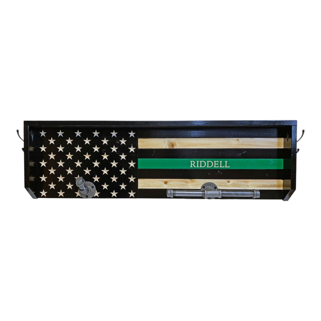 Breacher Rustics Thin Green Line American flag wooden gear rack with custom name and metal pipe holders for gear thin green line police gear rack wooden wall mounted duty belt vest holder law enforcement organizer usa made veteran border patrol conservation officer federal agent