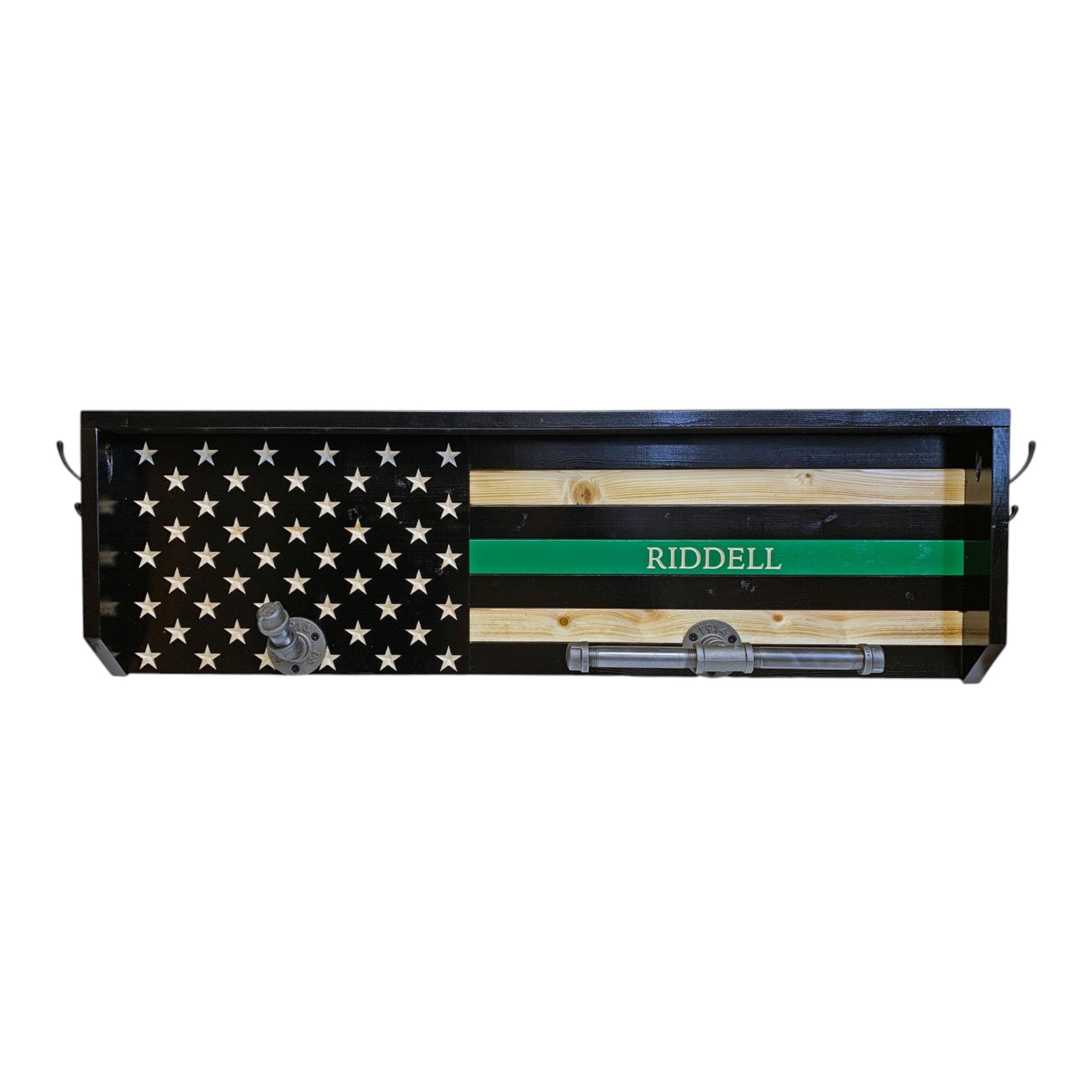 Breacher Rustics Thin Green Line American flag wooden gear rack with custom name and metal pipe holders for gear thin green line police gear rack wooden wall mounted duty belt vest holder law enforcement organizer usa made veteran border patrol conservation officer federal agent