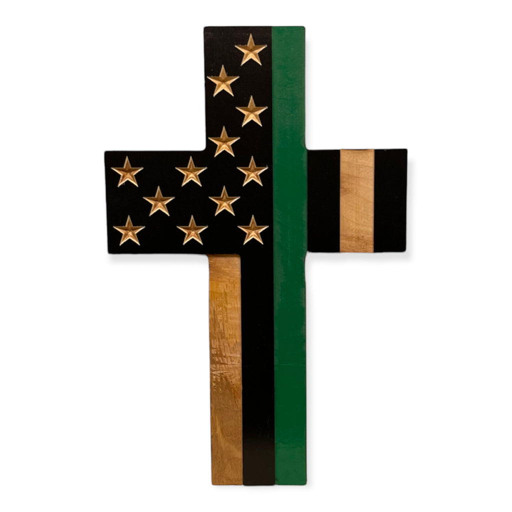 Breacher Rustics wooden cross with thin green line USA flag design, 15in x 10.5in, carved stars, gloss finish.
