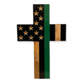 Breacher Rustics wooden cross with thin green line USA flag design, 15in x 10.5in, carved stars, gloss finish.