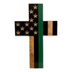 Breacher Rustics wooden cross with thin green line USA flag design, 15in x 10.5in, carved stars, gloss finish.