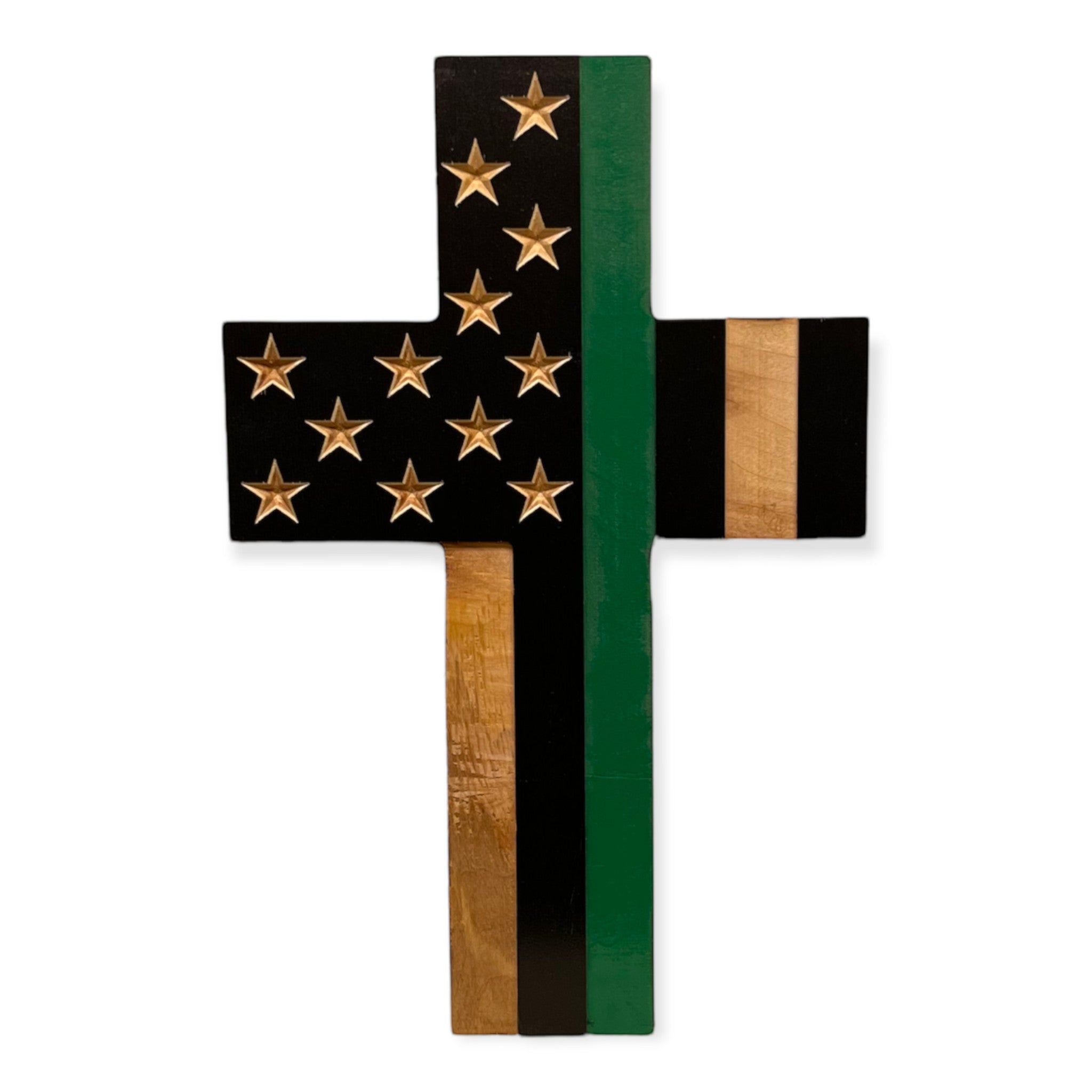 Breacher Rustics wooden cross with thin green line USA flag design, 15in x 10.5in, carved stars, gloss finish.