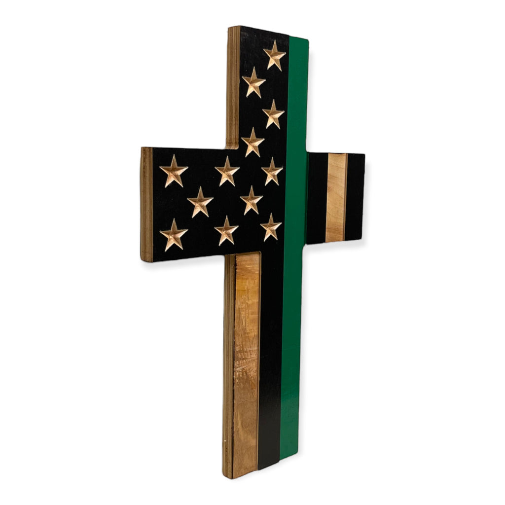 Breacher Rustics wooden cross with thin green line USA flag design, 15in x 10.5in, carved stars and stripes.