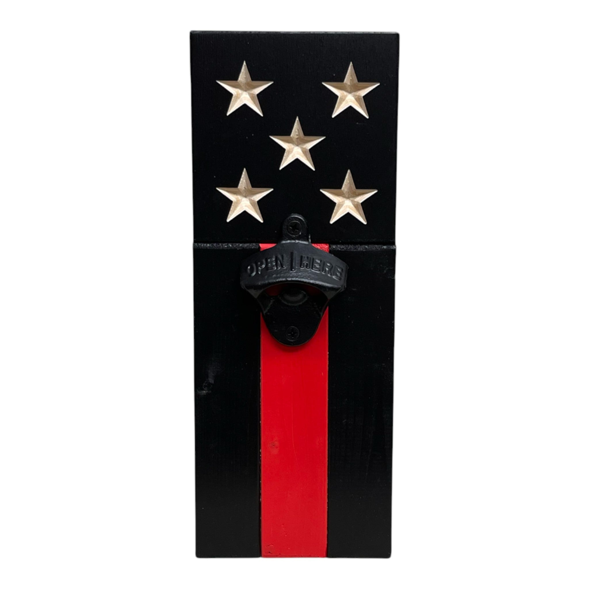 Breacher Rustics wooden bottle opener with a thin red line American flag design, featuring carved stars and a black metal opener. american flag bottle opener gift for veterans and first responders wooden wall mounted patriotic bar accessory