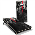 Breacher Rustics custom cornhole set featuring a distressed American flag with a thin red line and smoke graphic. Includes personalized name. thin red line cornhole set custom logo name handmade wooden firefighter patriotic backyard bean bag toss game boards