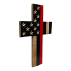 Breacher Rustics wooden cross with Thin Red Line USA flag design, featuring carved stars and a gloss finish. firefigher thin red line first responder gift