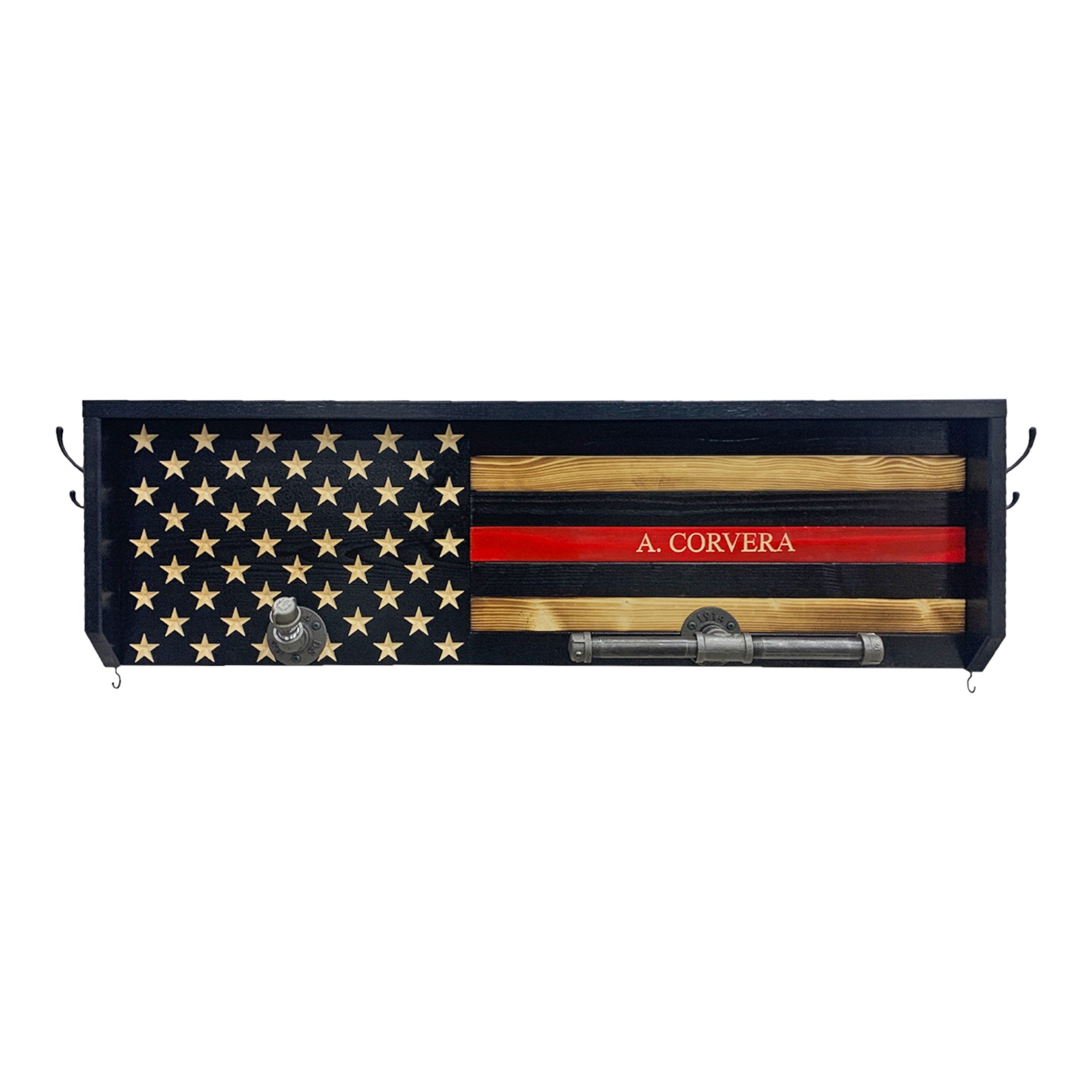 Breacher Rustics Thin Red Line wooden American flag coat rack with personalized name and metal pipe holder shelf. thin red line wood flag gear rack firefighter coat rack wall mounted duty belt vest holder patriotic usa made