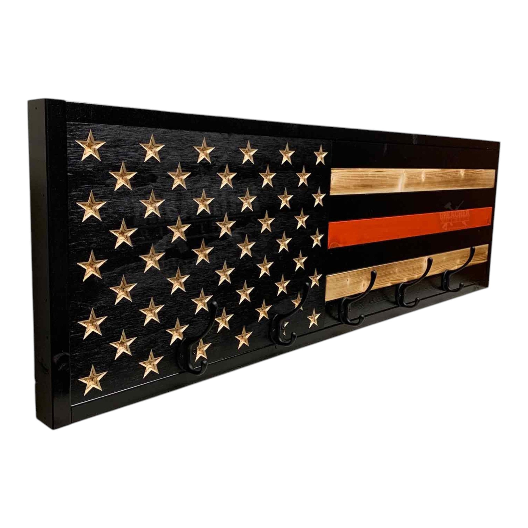 Breacher Rustics Thin Red Line American flag wooden coat rack with 5 black hooks and carved stars. firefighter thin red line coat rack wall hooks wooden tribute rack for firefighters patriotic entryway storage organizer