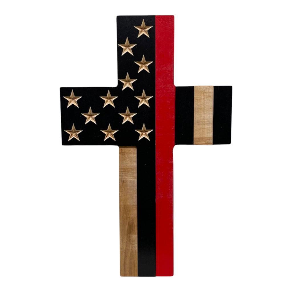 Breacher Rustics Thin Red Line wooden cross with carved stars and stripes, 15in x 10.5in.