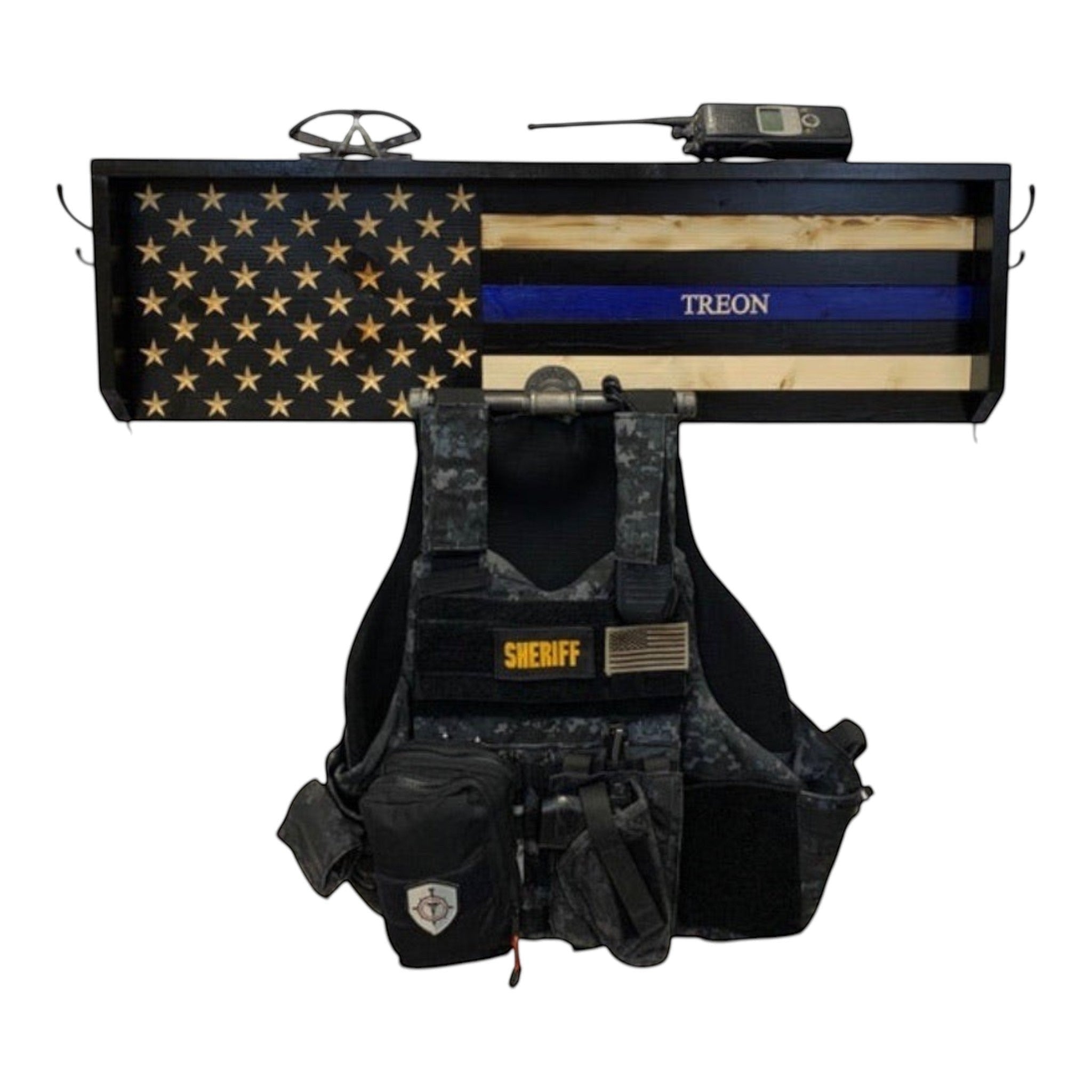 Breacher Rustics Thin Silver Line correctional officer gear rack with American flag design, personalized with custom name. Includes sheriff's vest and radio. thin silver line corrections officer gear rack wooden wall mounted duty belt vest holder correctional officer tribute usa made