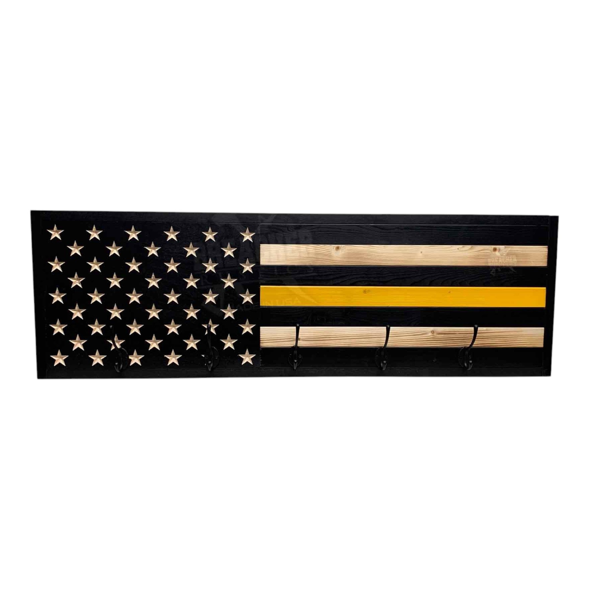 Breacher Rustics Thin Yellow Line American flag coat rack with 5 hooks, black and natural wood finish. thin yellow line flag coat rack wooden wall mounted hook rack dispatcher tribute first responder entryway organizer usa made