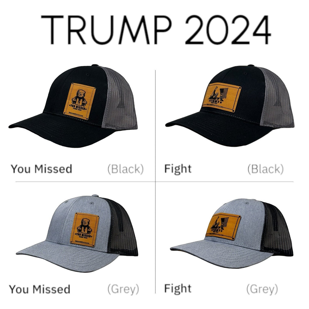 Breacher Rustics Trump 2024 trucker hat with bamboo leather patch, available in black or grey cotton/nylon blend with snapback closure.