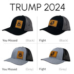 Breacher Rustics Trump 2024 trucker hat with bamboo leather patch, available in black or grey cotton/nylon blend with snapback closure.