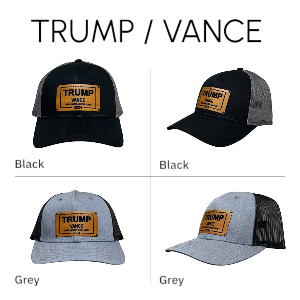 Breacher Rustics Trump Vance 2024 trucker hat with bamboo leather patch, available in black or grey cotton/nylon blend with snapback closure.