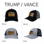 Breacher Rustics Trump Vance 2024 trucker hat with bamboo leather patch, available in black or grey cotton/nylon blend with snapback closure.