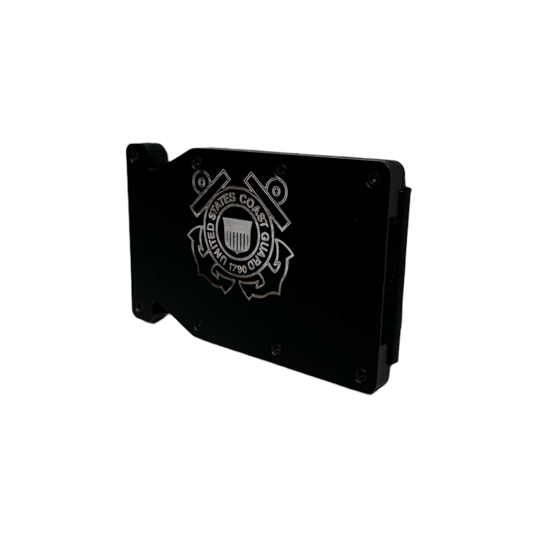Breacher Rustics black metal RFID wallet with United States Coast Guard emblem. Holds 12-15 cards.