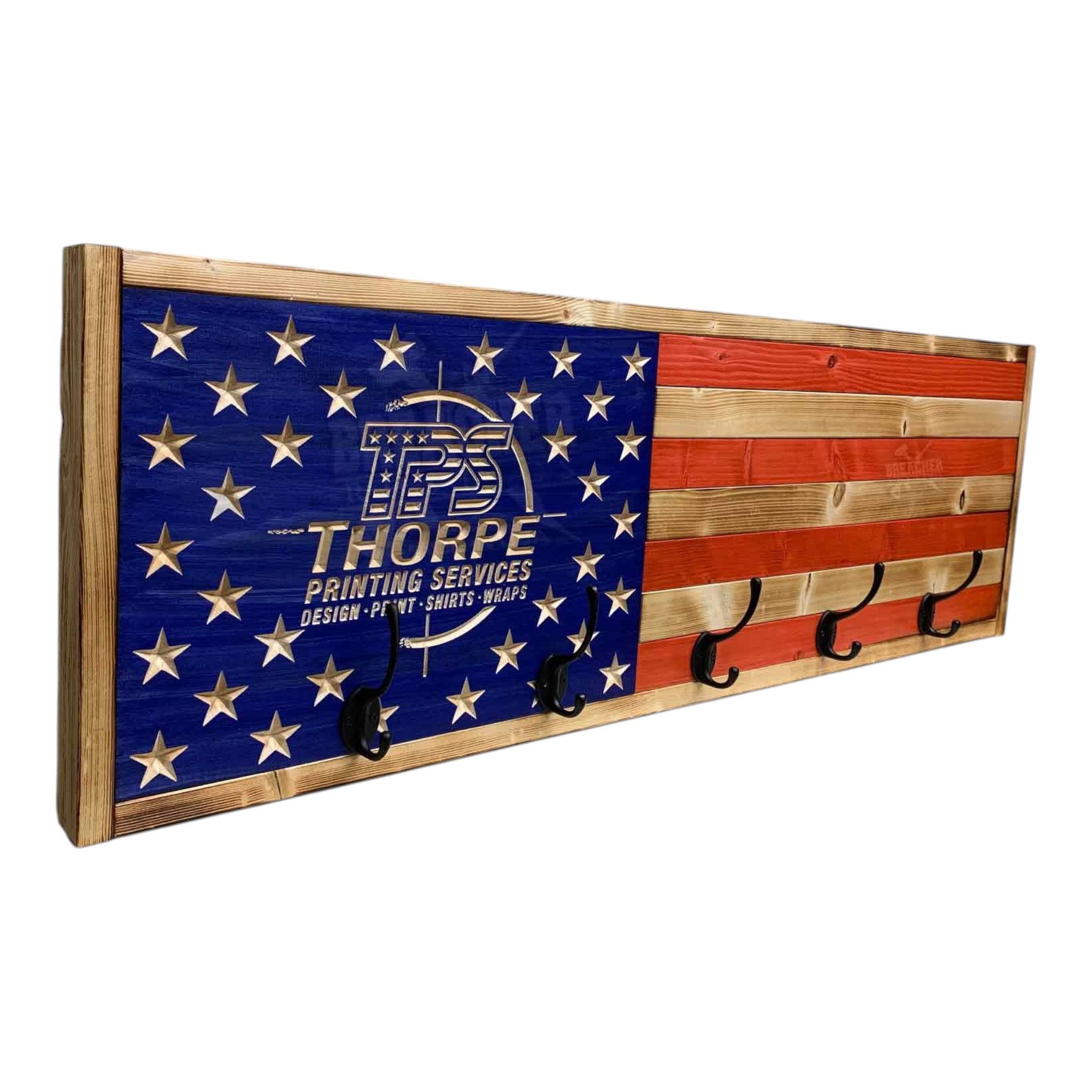Breacher Rustics custom logo American flag wooden coat rack with 5 black hooks. Features carved stars and stripes. handmade ems flag coat rack usa wood premium first responder patriotic wall mounted hook rack emergency medical services decor