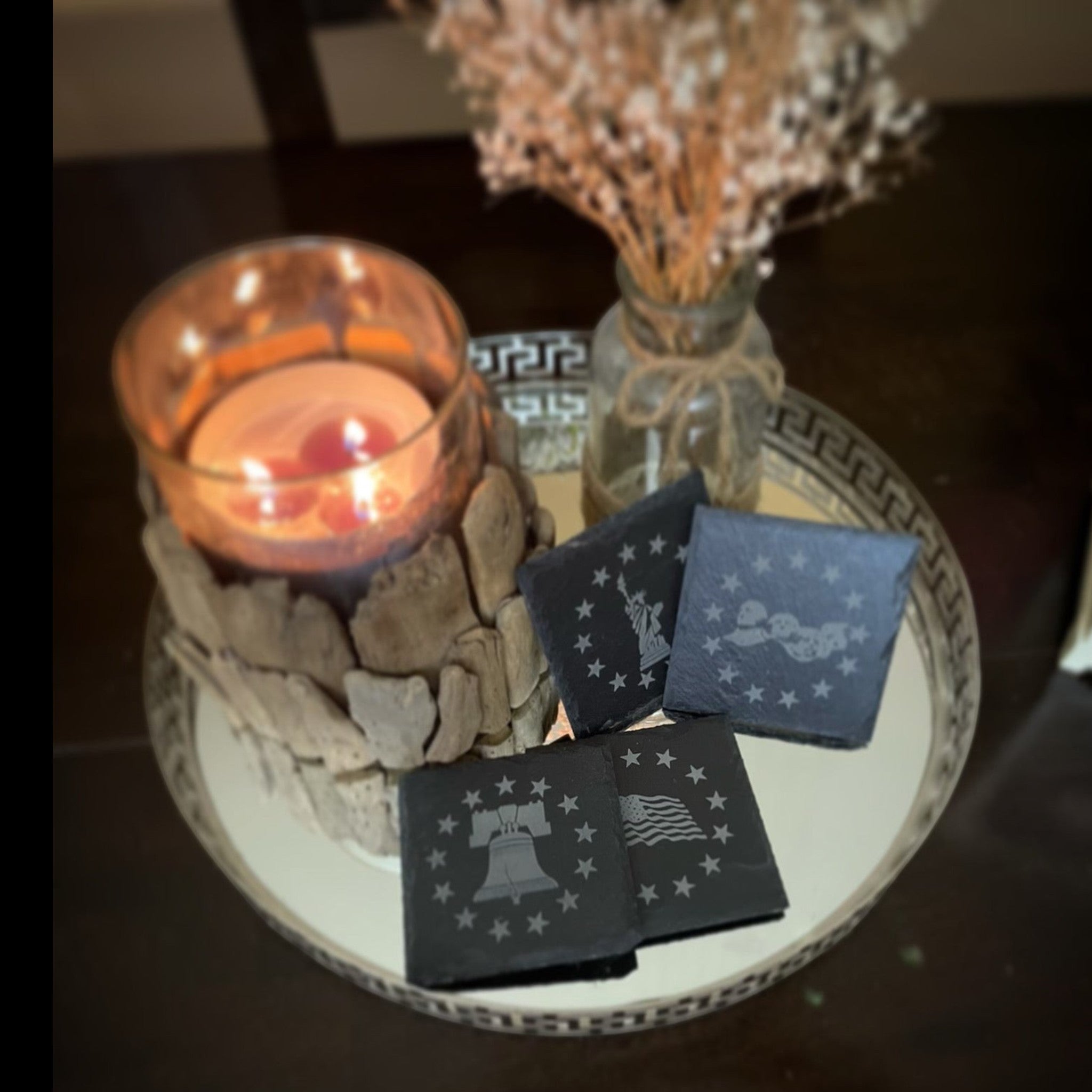Breacher Rustics Patriot Pack square slate coasters featuring patriotic symbols like the USA flag and Liberty Bell. american flag slate coasters square set of 8 patriotic engraved drink coasters rustic bar and home decor set