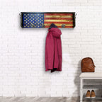 Breacher Rustics USA wooden flag coat rack with 6 hooks, featuring carved stars and stripes. Holds coats and bags. usa wooden flag gear rack wall mounted coat rack handmade patriotic american flag organizer heavy duty hooks usa made